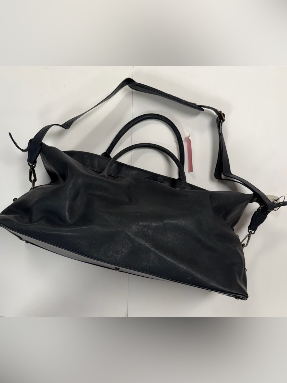 Moore & Giles Blue Leather “Benedict” Weekender Bag with Shoulder Strap.